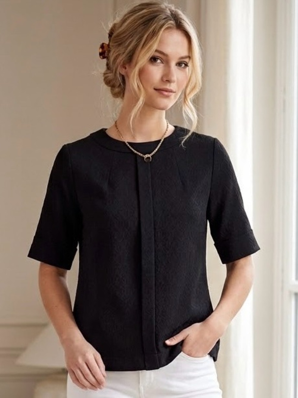 CHANEL Short-Sleeve Black Uniform Women's shirt Top zipper back